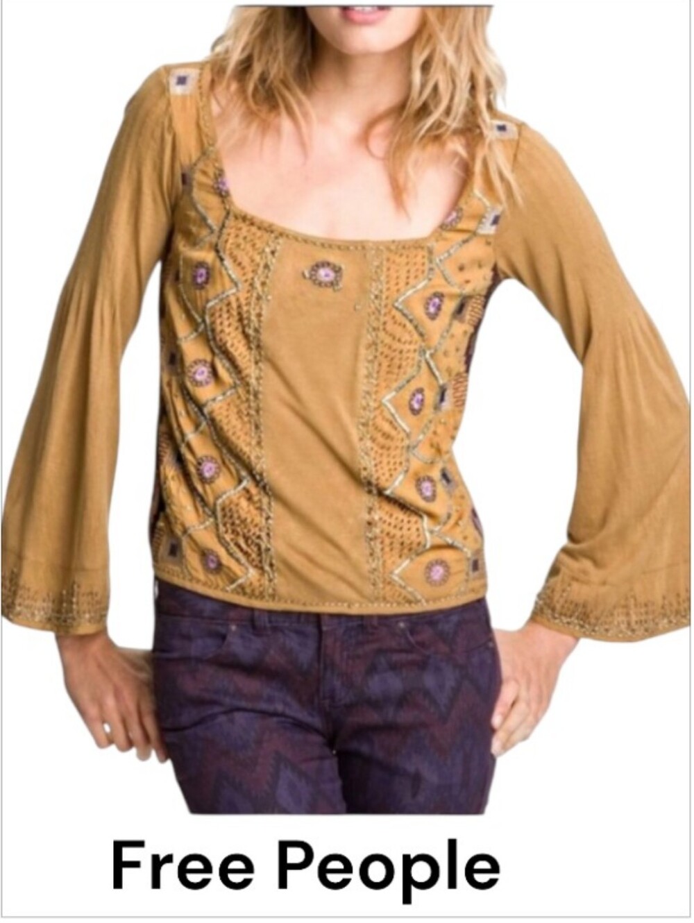 Free People Boho Style Beaded Bell Sleeves Limited Edition Blouse